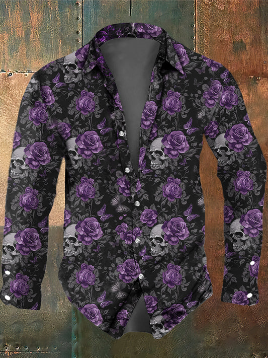 Camisa de manga larga retro de la mariposa del cráneo Rose del estilo oscuro de los hombres