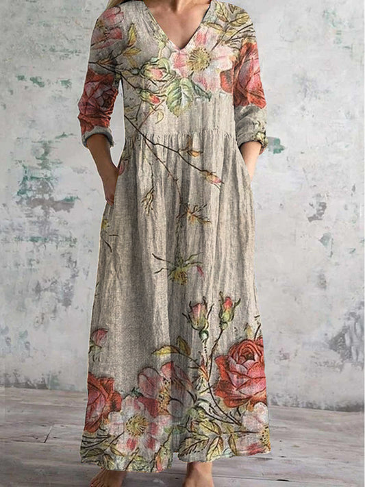 Vintage Floral Art Print Chic V-cuello de tres cuartos de manga elegante vestido de Midi