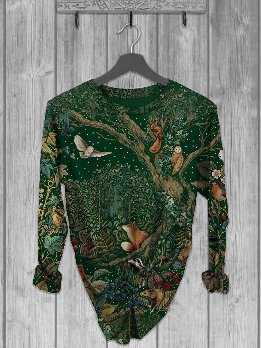 Camiseta de manga larga estampada de animales de bosque unisex