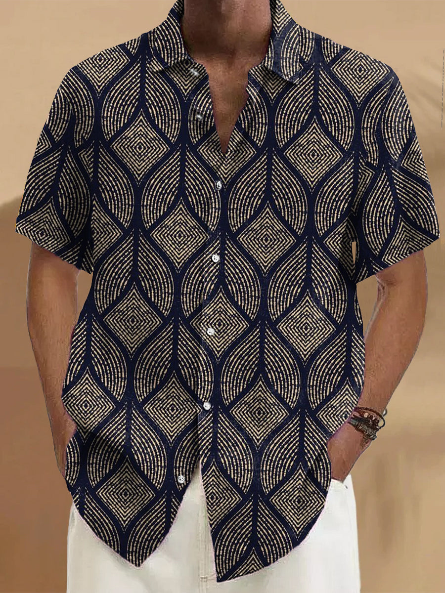 Vintage geométrico irregular arte patrón solapa bolsillo camisa