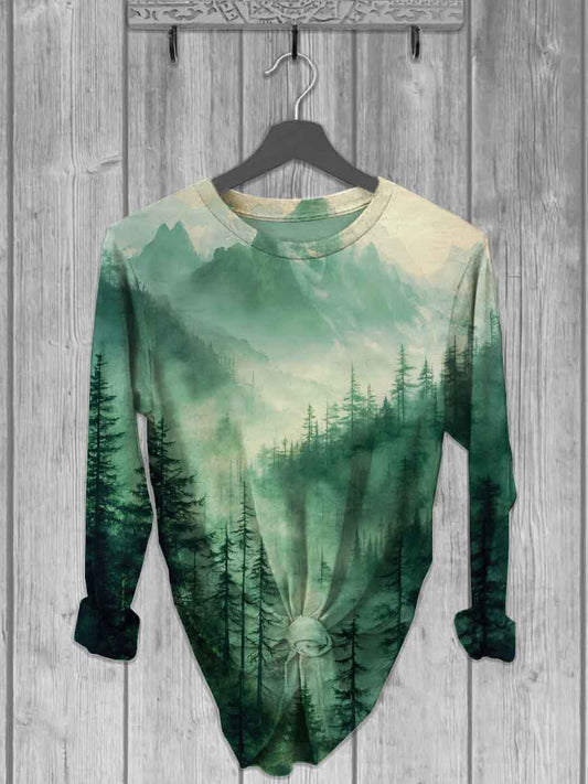 Camiseta de manga larga casual de paisaje de bosque unisex