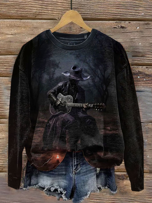 Unisex Negro Guitarra Arte Ilustración Imprimir Casual Cuello Redondo Sudadera