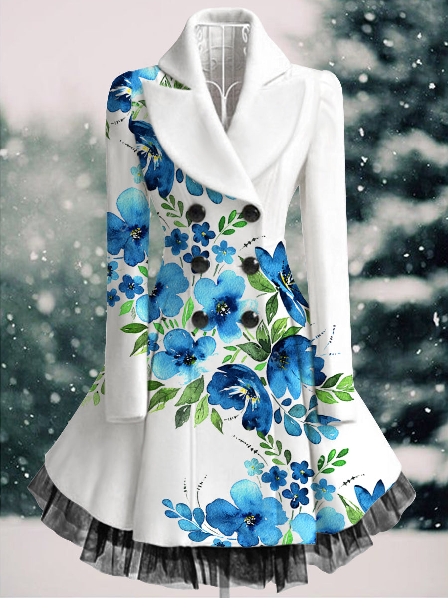 Retro floral arte impreso elegante solapa con cuello en V botón grueso de manga larga de malla de gasa vestido de Midi