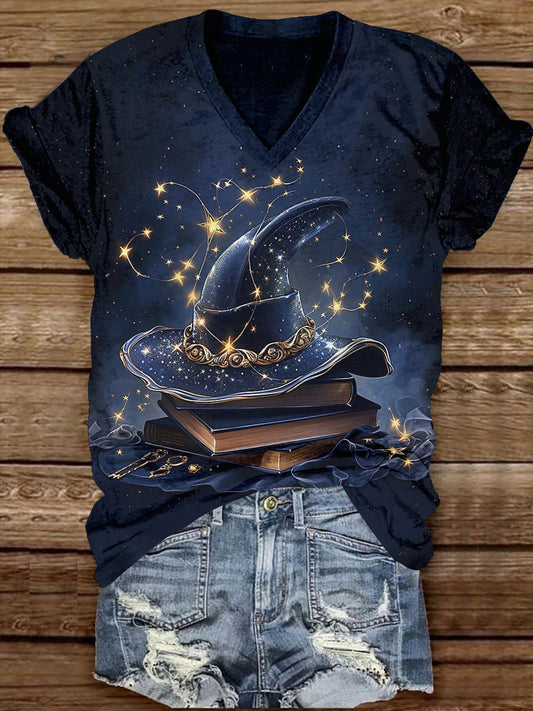 Bruja Magic Book Art Print camiseta unisex de manga corta con cuello en V