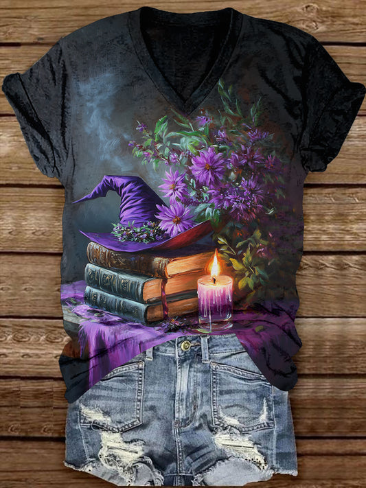 Bruja Magic Book Art Print camiseta unisex de manga corta con cuello en V