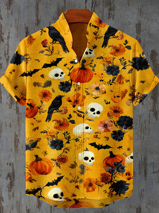 Raven Skull Floral Art Print manga corta Casual Camisa