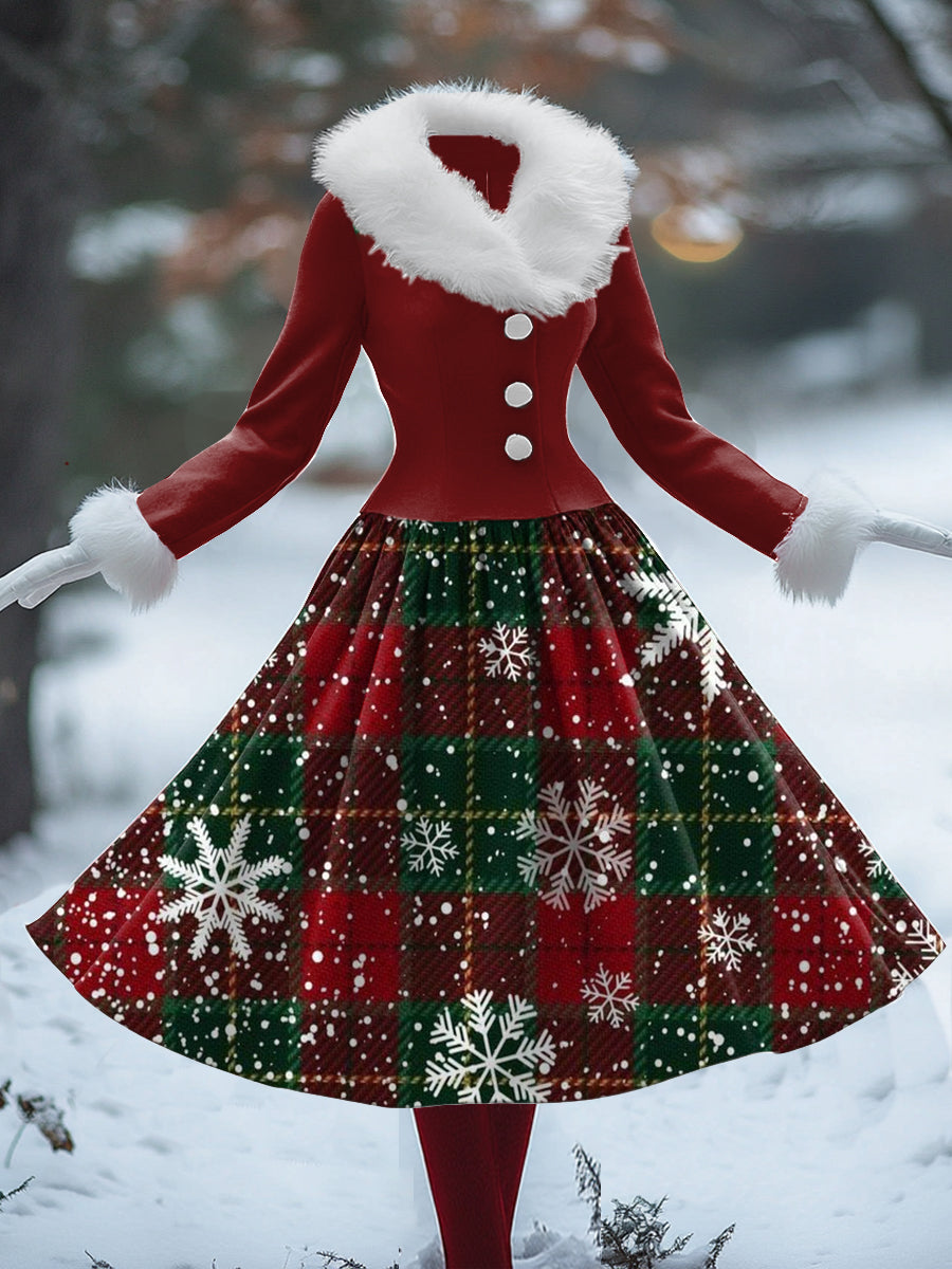 Vestido con Estampado Artístico Navideño en Estilo Vintage y Escote en V para Mujer