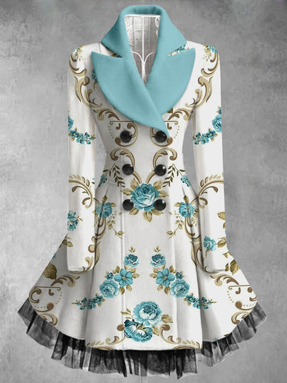 Retro floral arte impreso elegante solapa con cuello en V botón grueso de manga larga de malla de gasa vestido de Midi