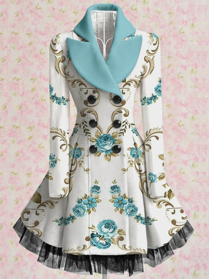 Retro floral arte impreso elegante solapa con cuello en V botón grueso de manga larga de malla de gasa vestido de Midi