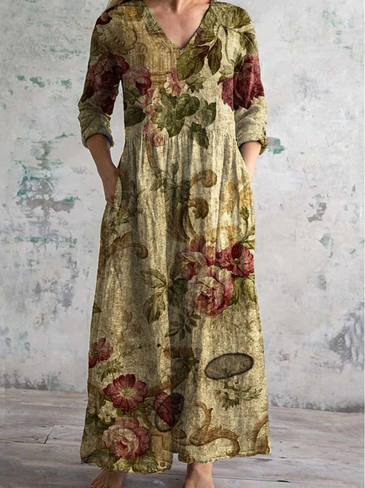 Arte Floral Vintage Impreso Chic V-cuello de tres cuartos de manga elegante vestido de Midi