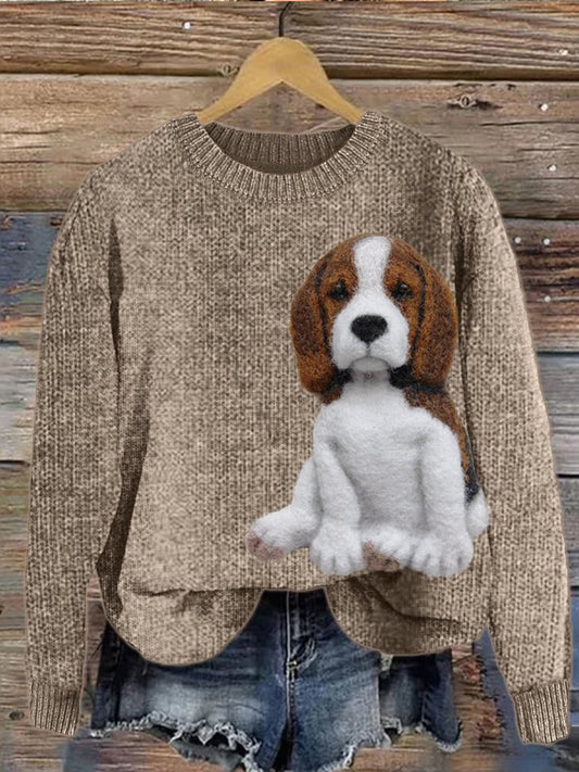 Retro lindo mascota impresa cuello redondo cómodo algodón mezcla de manga larga suelta sudadera