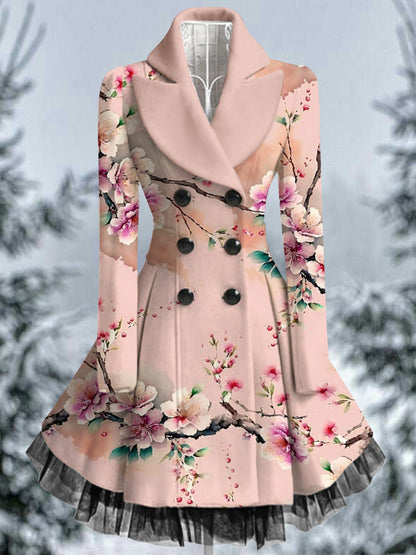 Retro floral arte impreso elegante solapa con cuello en V botón grueso de manga larga de malla de gasa vestido de Midi