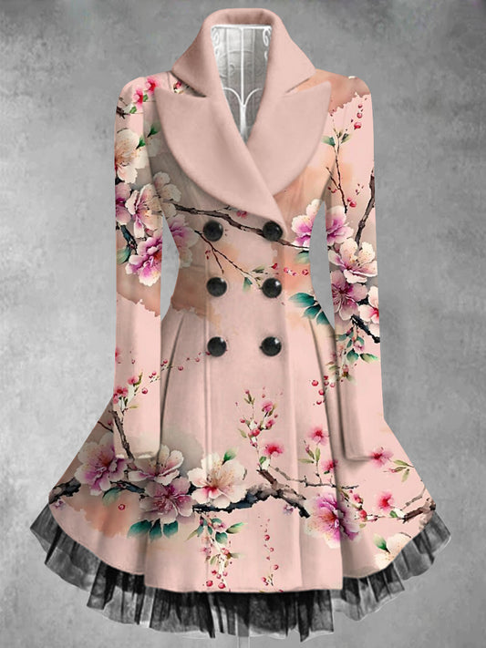 Retro floral arte impreso elegante solapa con cuello en V botón grueso de manga larga de malla de gasa vestido de Midi