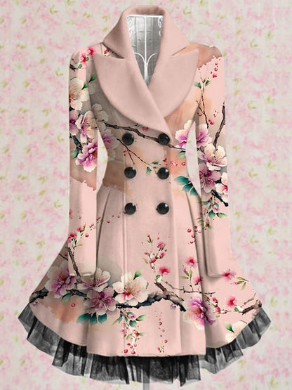 Retro floral arte impreso elegante solapa con cuello en V botón grueso de manga larga de malla de gasa vestido de Midi