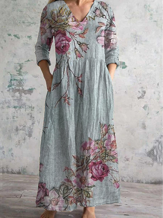 Vintage Floral Art Print Chic V cuello elegante vestido Midi con mangas de tres cuartos