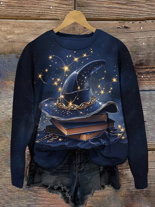 Halloween magia libro bruja arte impresión unisex cuello redondo manga larga casual sudadera