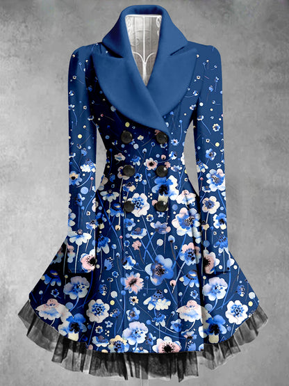 Retro floral arte impreso elegante solapa con cuello en V botón grueso de manga larga de malla de gasa vestido de Midi