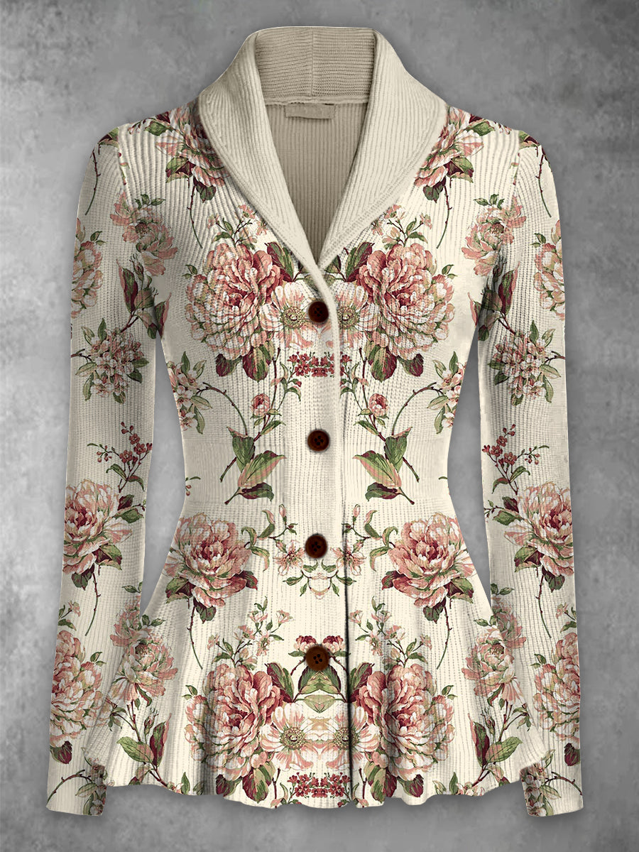 Retro Floral Art Impreso elegante solapa con cuello en V botón de punto grueso de manga larga Cardigan Top