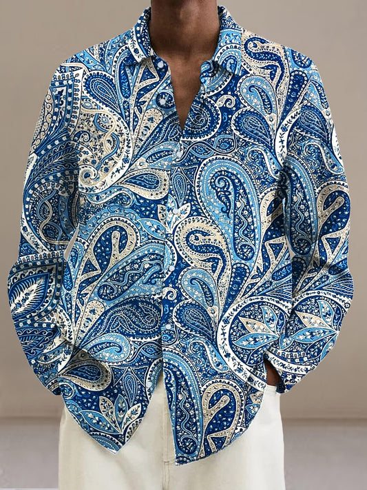 Camisa de manga larga con estampado de arte floral de Paisley en azul vintage de Gentleman