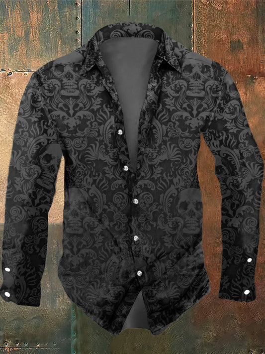 Camisa de manga larga con estampado de cráneo estilo oscuro retro de los hombres