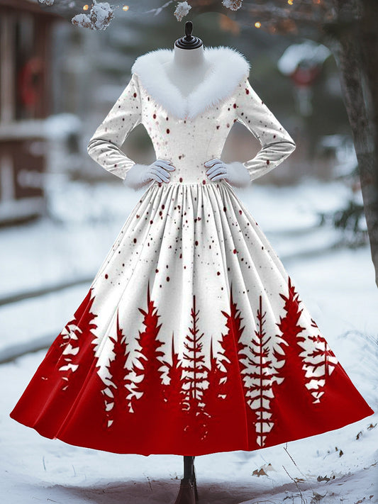 Vestido midi delgado elegante de manga larga de cuello de piel en forma de V con estampado de arte retro de Navidad para mujer