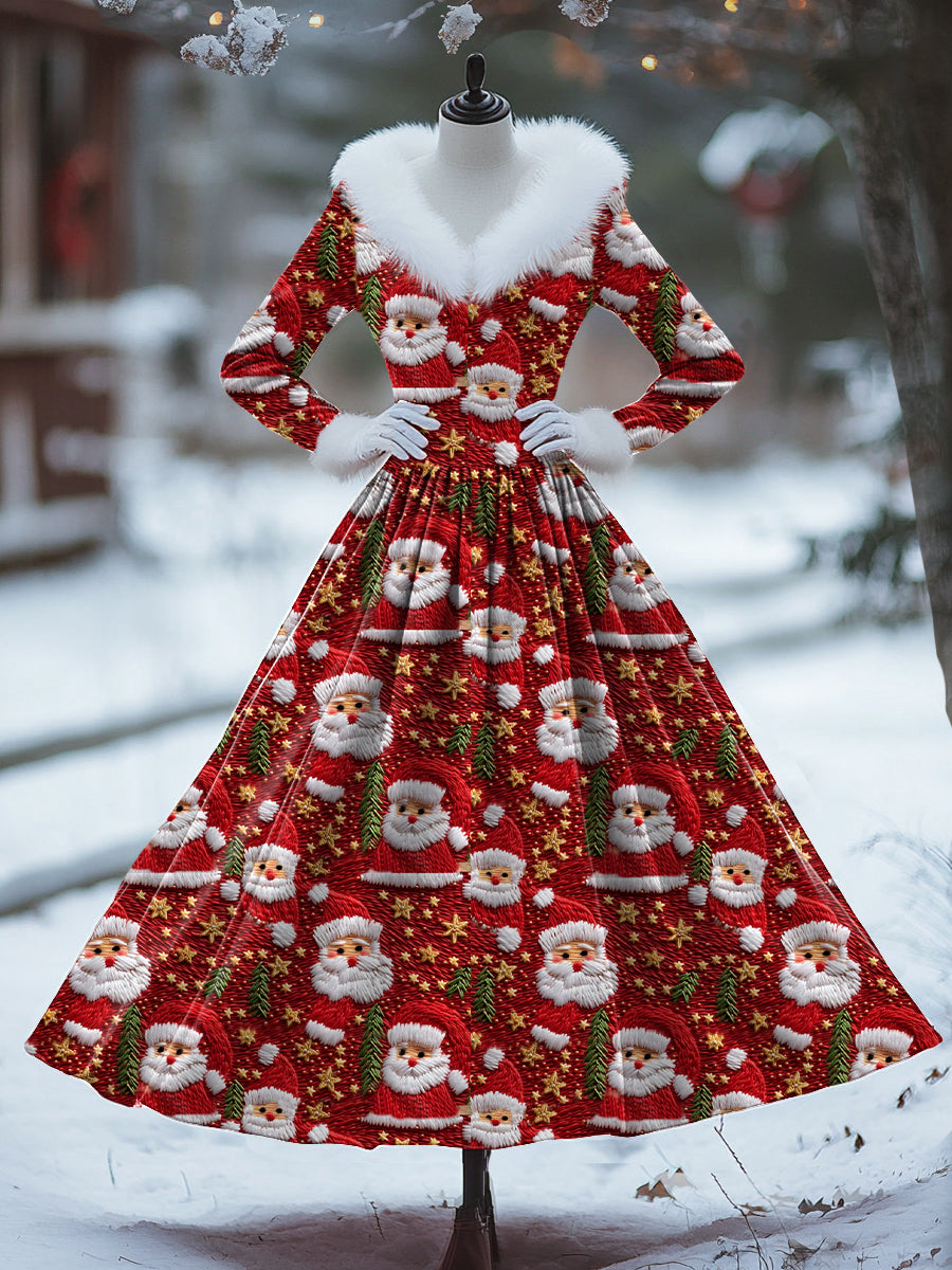 Vestido midi delgado elegante de manga larga de cuello de piel en forma de V con estampado de arte retro de Navidad para mujer