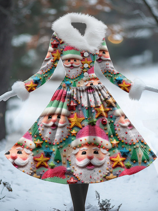 Vestido midi de manga larga de cuello de piel en forma de V estampado de arte de Navidad retro de mujer elegante botón delgado 50s