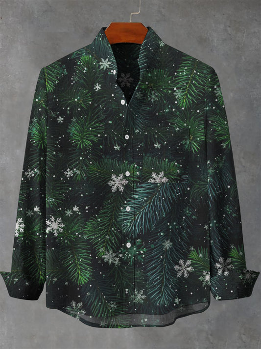 Camisa de manga larga casual con estampado de árbol de pino de Navidad para hombre