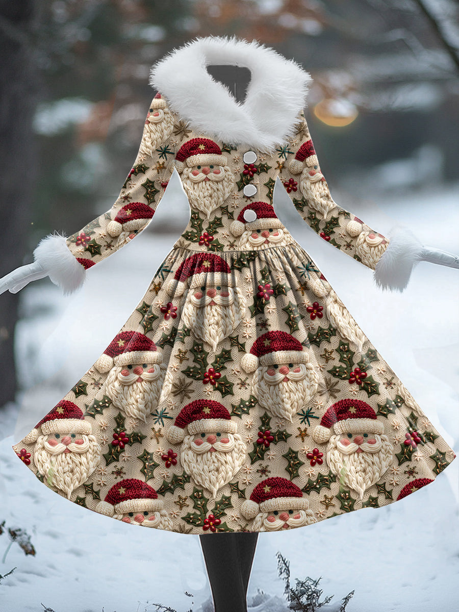 Vestido midi de manga larga de cuello de piel en forma de V estampado de arte de Navidad retro de mujer elegante botón delgado 50s