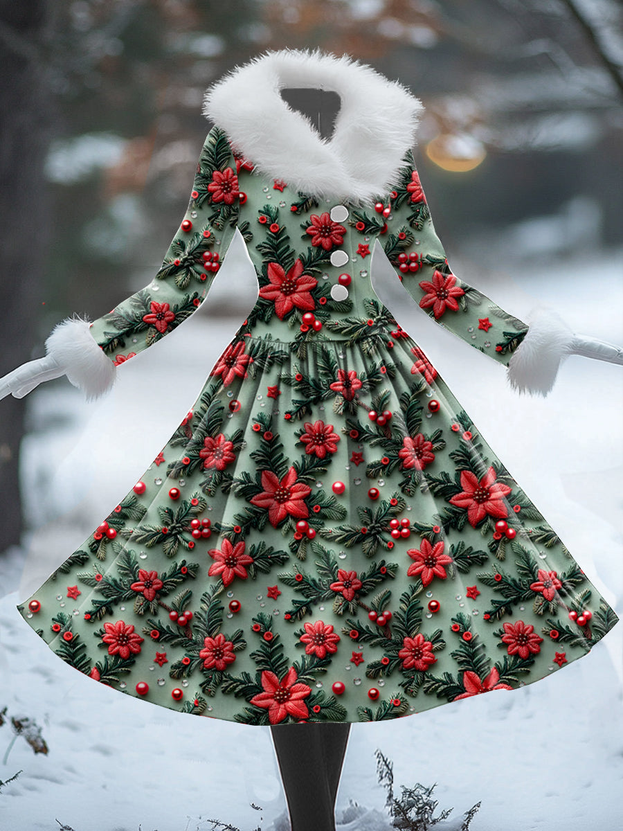 Vestido midi de manga larga de cuello de piel en forma de V estampado de arte de Navidad retro de mujer elegante botón delgado 50s