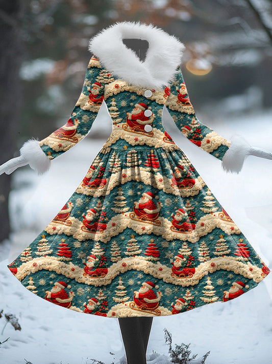 Vestido midi de manga larga de cuello de piel en forma de V estampado de arte de Navidad retro de mujer elegante botón delgado 50s