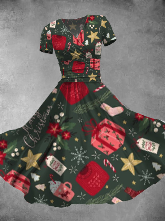 Moda elegante Navidad arte impresión manga corta V cuello Midi vestido de las mujeres