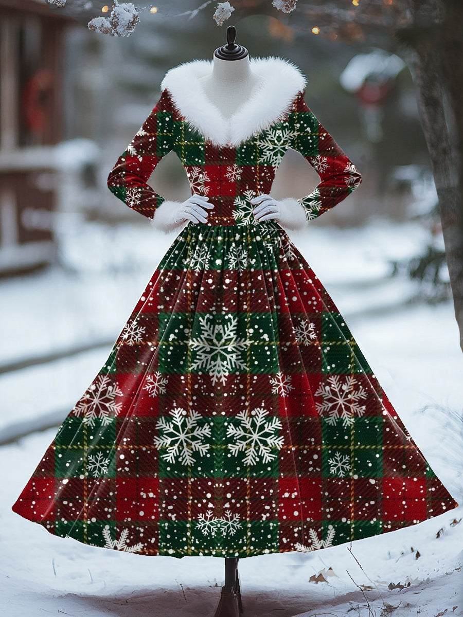 Vestido midi delgado elegante de manga larga de cuello de piel en forma de V con estampado de arte retro de Navidad para mujer