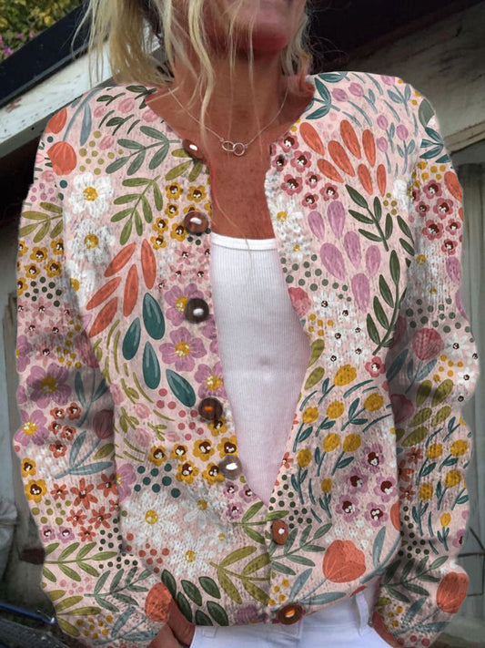 Moda mujer elegante artístico floral impresión manga larga con cuello en V botón Cardigan suéter