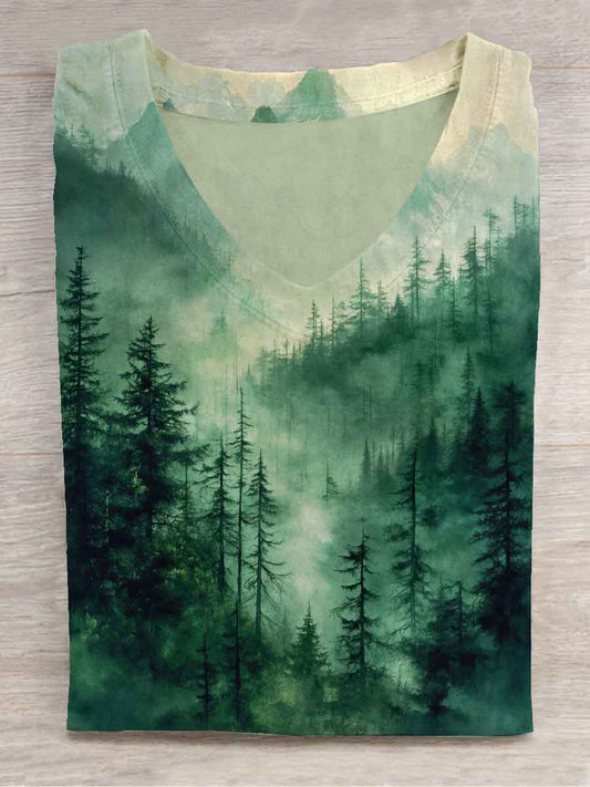 Unisex Forest Landscape Impreso Casual Camiseta con cuello en V