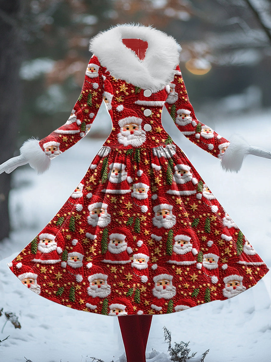 Vestido de Mujer con Estampado Artístico Navideño Vintage, Escote en V