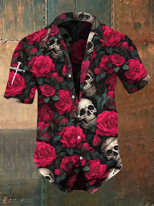 Estilo oscuro retro de los hombres Rose Skull Print Camisa