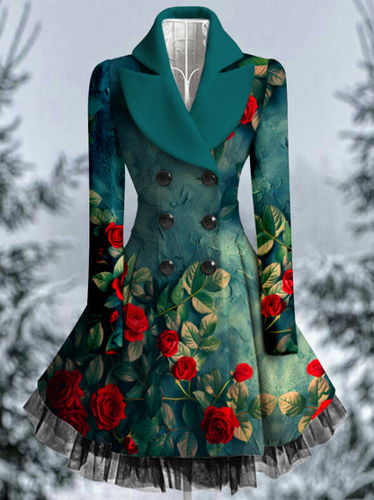 Retro floral arte impreso elegante solapa con cuello en V botón grueso de manga larga de malla de gasa vestido de Midi