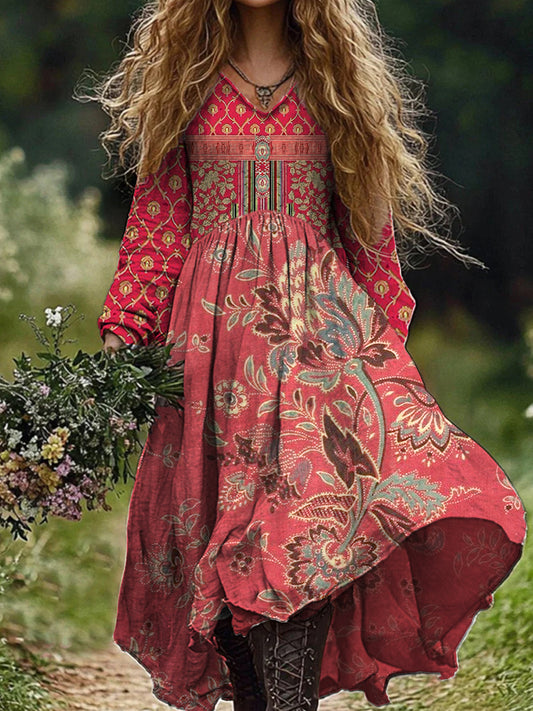 Vestido Midi Vintage Chic con Manga Larga, Escote en V y Estampado Floral Boho Retro