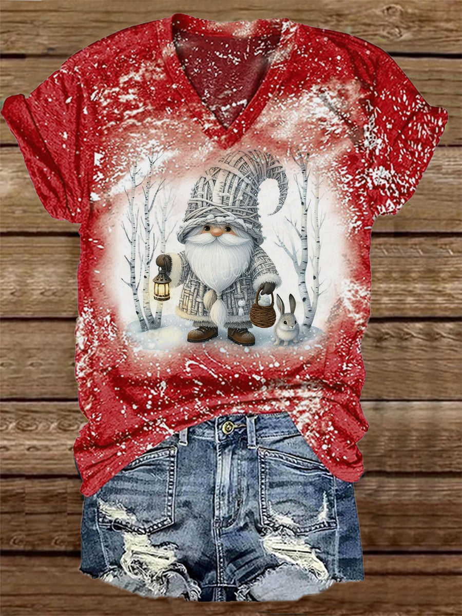 Camiseta unisex casual con estampado de gnomos navideños, cuello en V y manga corta