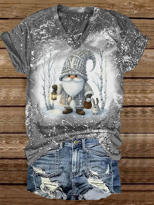 Camiseta unisex casual con estampado de gnomos navideños, cuello en V y manga corta