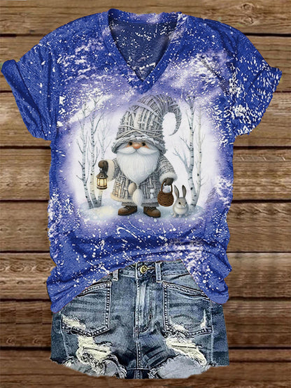 Camiseta unisex casual con estampado de gnomos navideños, cuello en V y manga corta