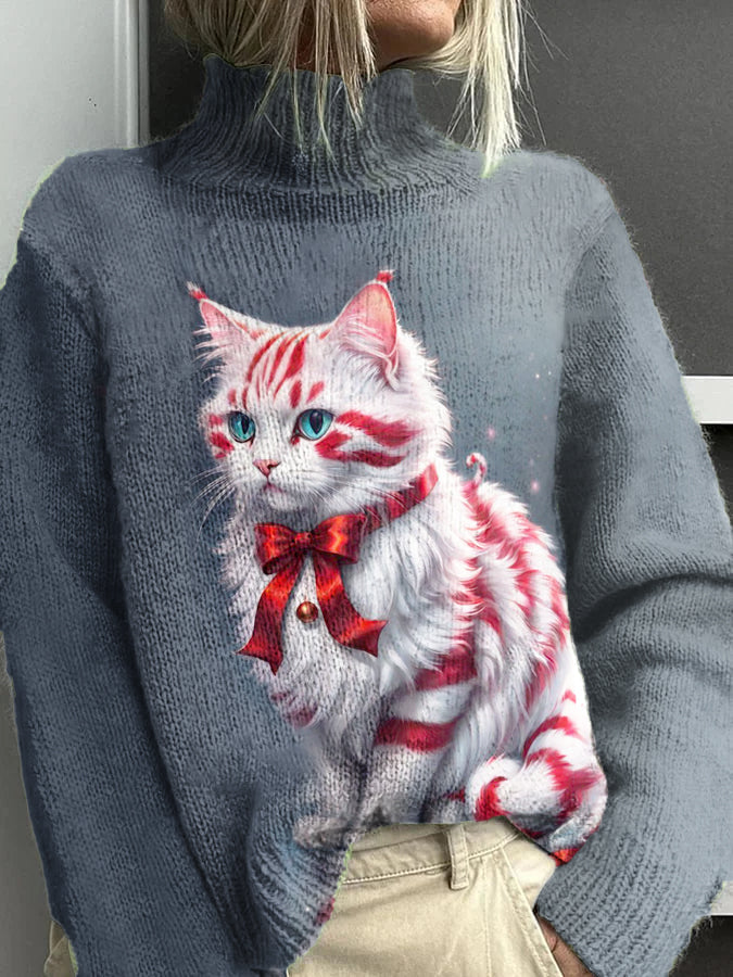 Patrón de gato de Navidad de las mujeres suéter de cuello alto casual cálido