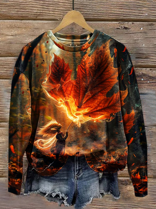 Elegante y elegante de las mujeres Animal Maple Leaf Art Print cuello redondo de manga larga Top