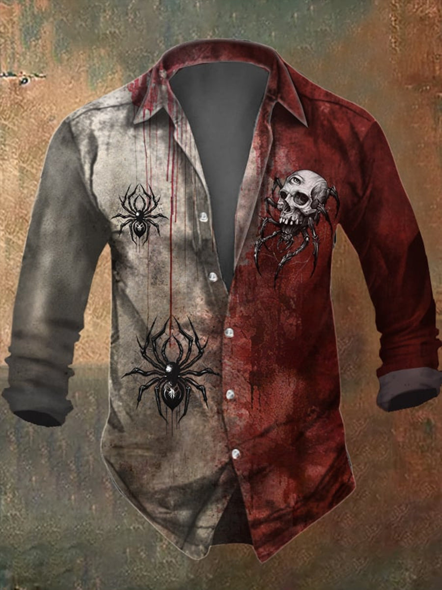 Hombres Retro Skull Punk Art Imprimir V-cuello Botón de manga larga Camisa Top