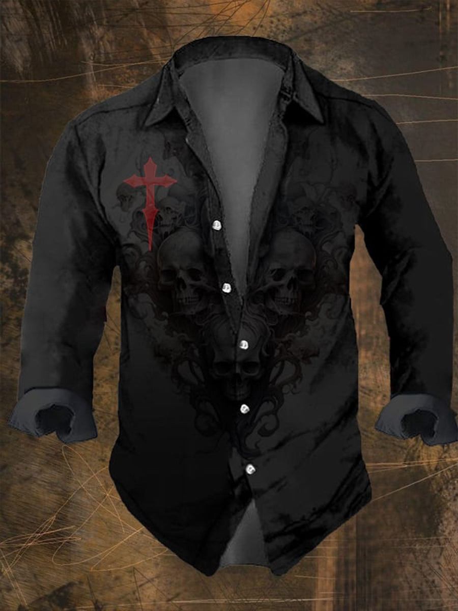 Hombres Retro Skull Punk Art Imprimir V-cuello Botón de manga larga Camisa Top