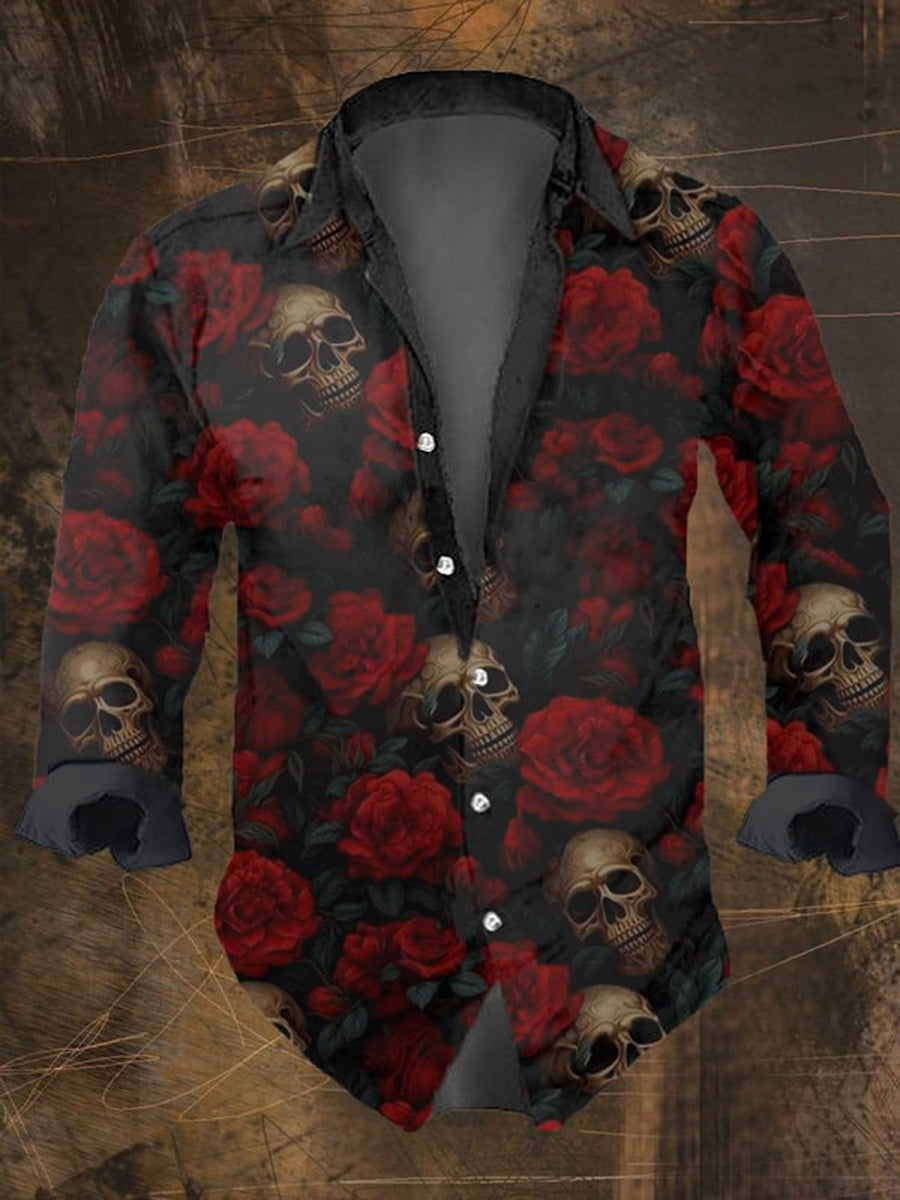 Hombres Retro Skull Punk Art Imprimir V-cuello Botón de manga larga Camisa Top