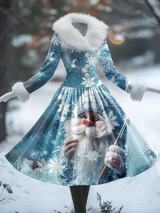 Vintage de las mujeres de la Navidad del arte de impresión en forma de V cuello de piel de manga larga 50s elegante ajuste botón vestido de Midi