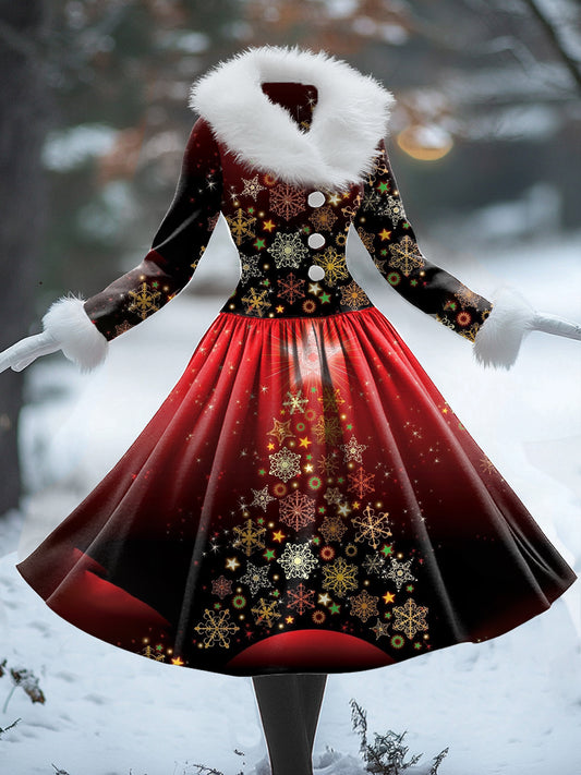 Vintage de las mujeres de la Navidad del arte de impresión en forma de V cuello de piel de manga larga 50s elegante ajuste botón vestido de Midi