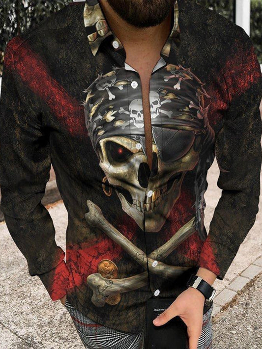 Hombre Vintage Skull Art Print Botón de manga larga con cuello en V Camisa Top